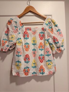 Eyelet Puff Sleeve Floral Square Neck Top - White with Multi Floral
